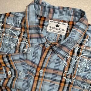 Pop Icon Clothing Button Down Mens Large Blue Orange Plaid Embroidered Y2K Shirt